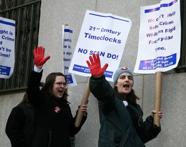 City employees who examine DNA from crime scenes rallied last week to protest new hand-print time-clocks just installed at their state-of-the-art lab in Manhattan. They say the new system is disrespectful and discriminatory, especially since all managers and any union members who make more than $68,000 are exempt. (04.04.08)