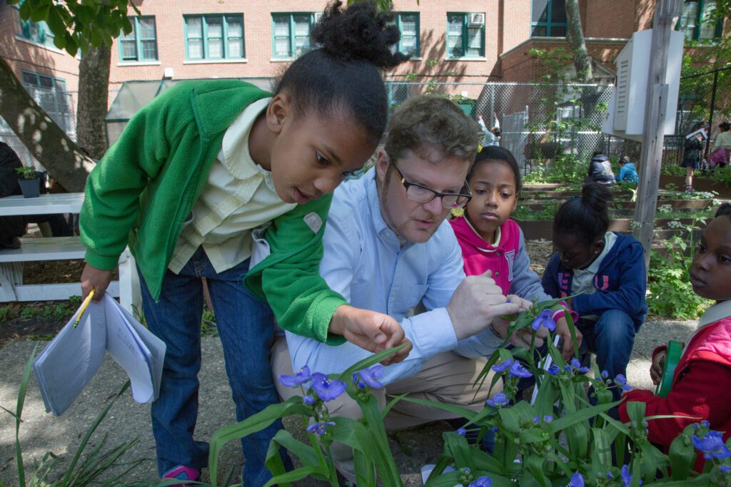 Second graders at the Eubie Blake Children's Garden in Brooklyn learn about the parts of plants from teacher Ryan Cain. New York Teacher (United Federation
