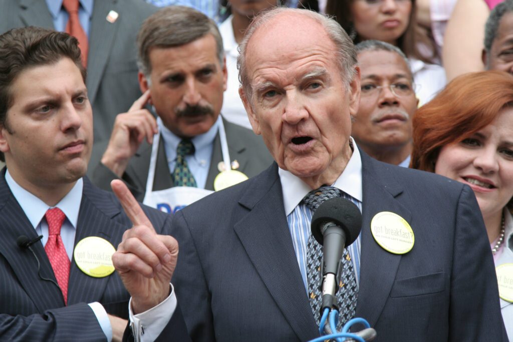 George McGovern appeared at a City Hall press conference on behalf of school breakfast and lunch programs.
