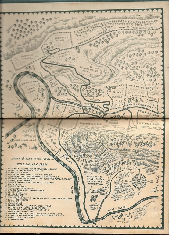 Drawing of map of land in the fictional Hunter's Horn by Harriette Arnow. It is the map of the actual Arnow farm in Southeast Kentucky with place names changed.